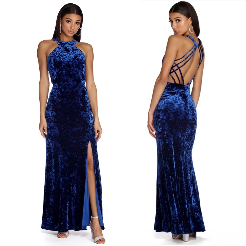 Morgan & Co. Crushed Velvet Royal Blue Halter Gown - Strappy Back Slit Dress 18W